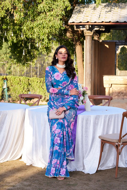 Blue Weightless Marbal Saree With Floral Print & Pearl Lace Border
