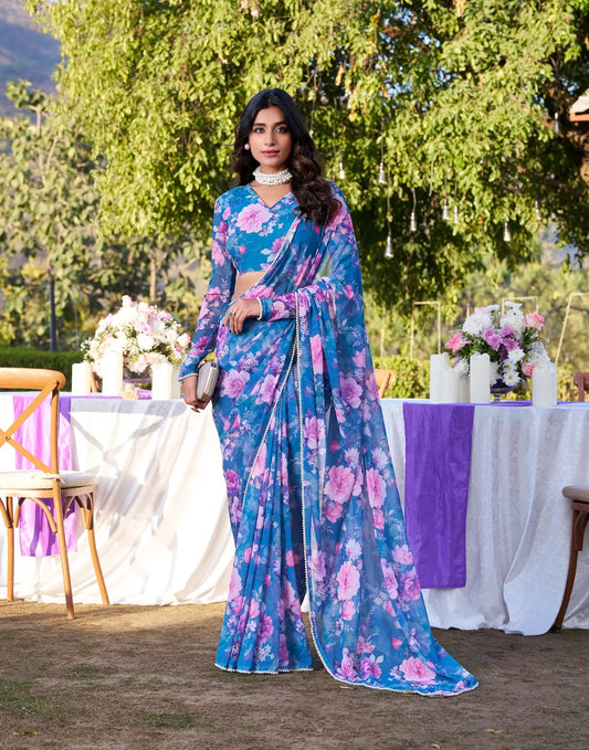 Blue Weightless Marbal Saree With Floral Print & Pearl Lace Border
