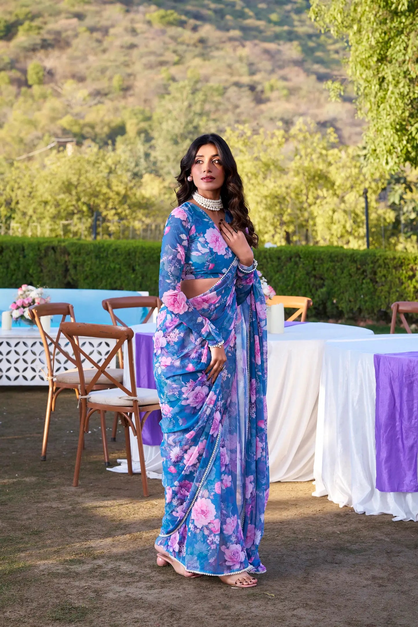 Blue Weightless Marbal Saree With Floral Print & Pearl Lace Border