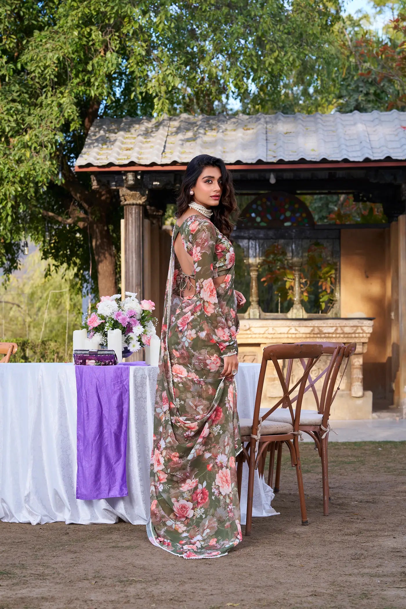 Olive Green Weightless Marbal Saree With Floral Print & Pearl Lace Border