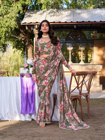 Olive Green Weightless Marbal Saree With Floral Print & Pearl Lace Border