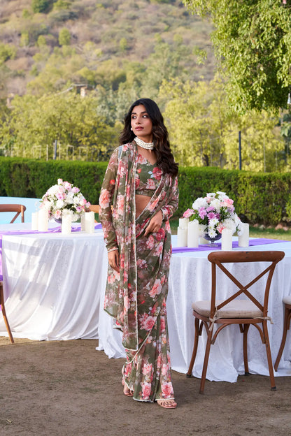 Olive Green Weightless Marbal Saree With Floral Print & Pearl Lace Border