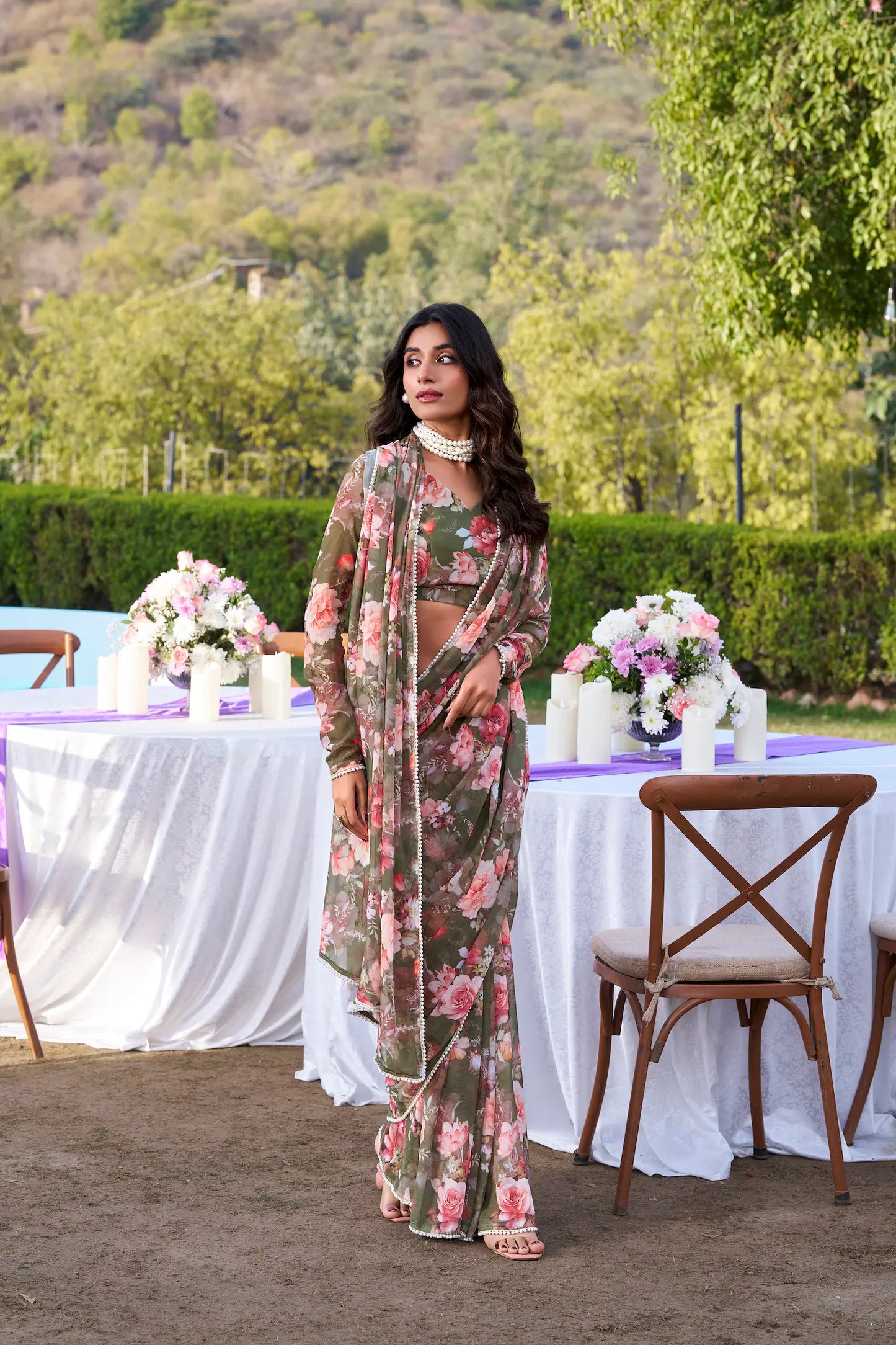 Olive Green Weightless Marbal Saree With Floral Print & Pearl Lace Border