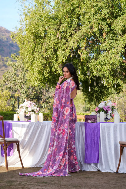 Onion Pink Weightless Marbal Saree With Floral Print & Pearl Lace Border