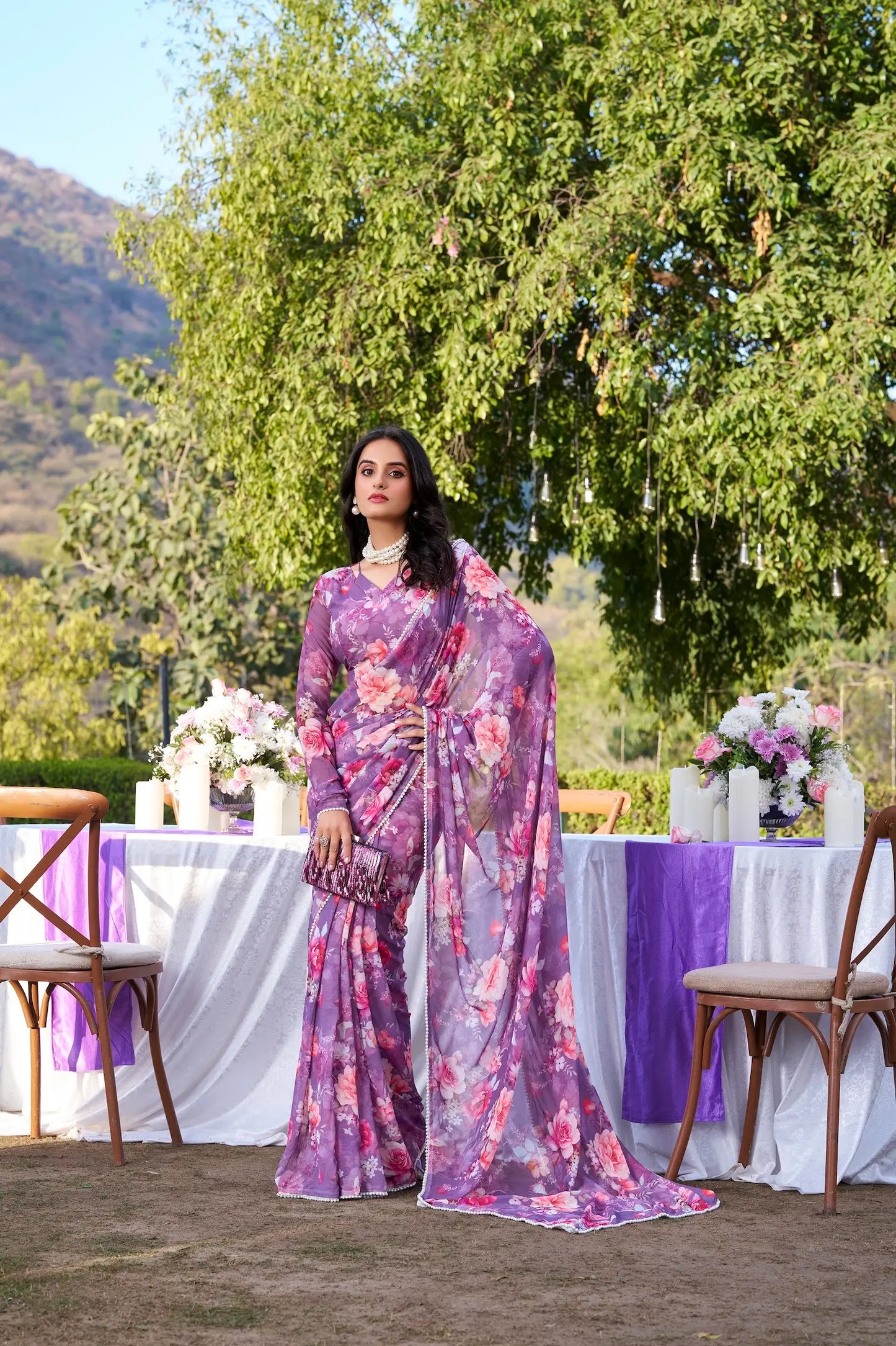 Onion Pink Weightless Marbal Saree With Floral Print & Pearl Lace Border
