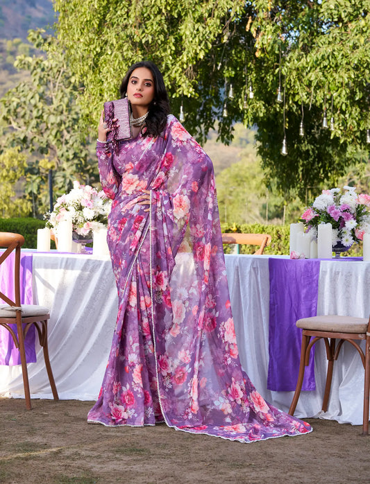 Onion Pink Weightless Marbal Saree With Floral Print & Pearl Lace Border