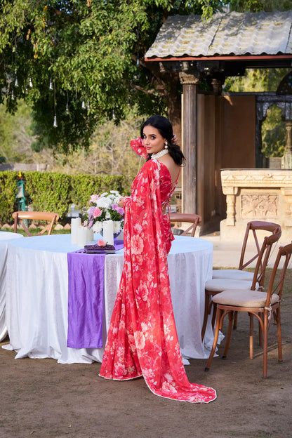 Red Weightless Marbal Saree With Floral Print & Pearl Lace Border