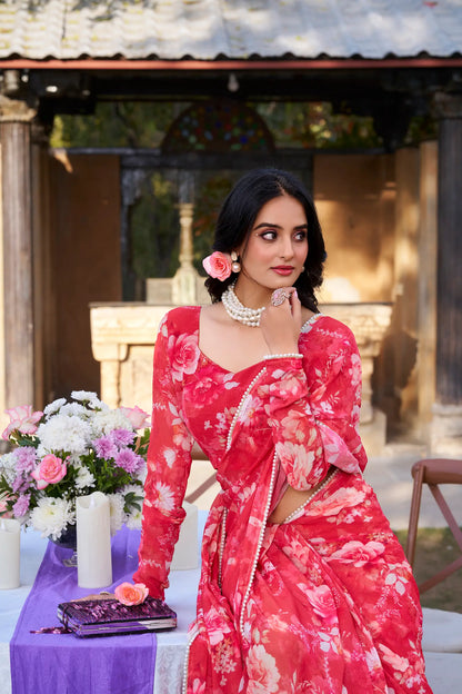 Red Weightless Marbal Saree With Floral Print & Pearl Lace Border
