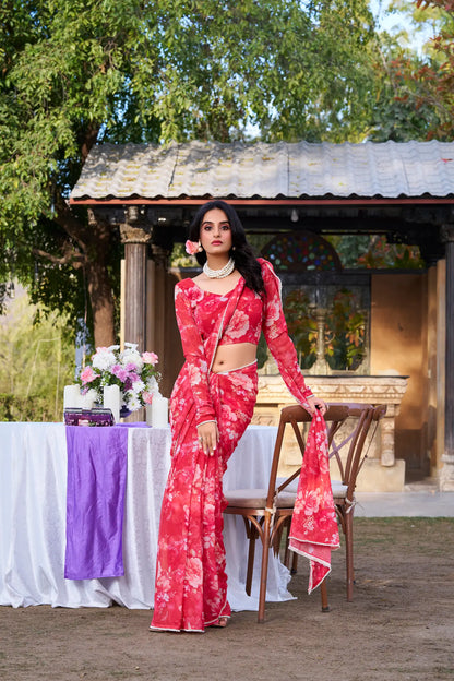 Red Weightless Marbal Saree With Floral Print & Pearl Lace Border