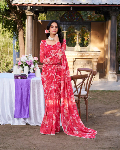Red Weightless Marbal Saree With Floral Print & Pearl Lace Border