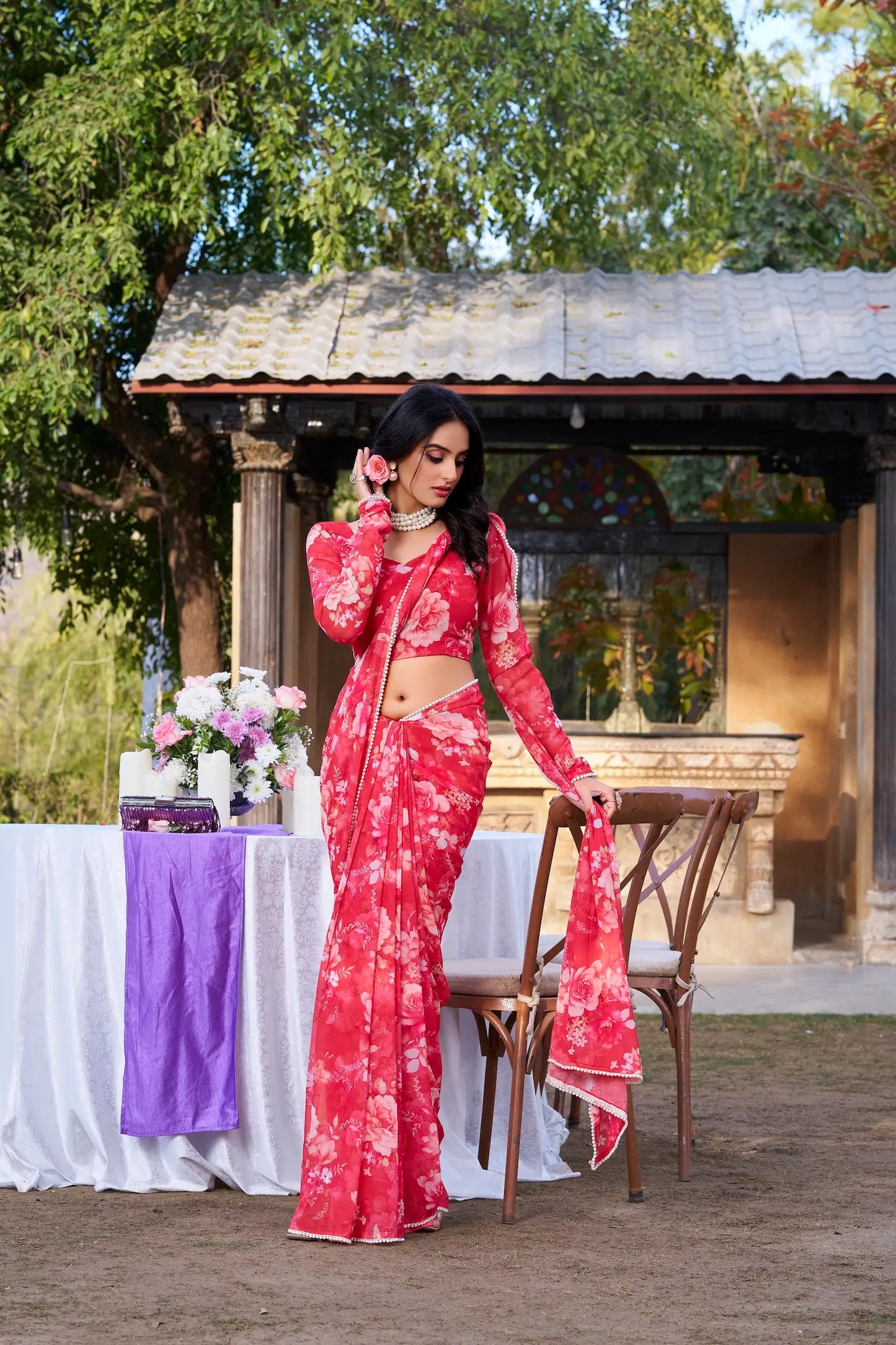 Red Weightless Marbal Saree With Floral Print & Pearl Lace Border