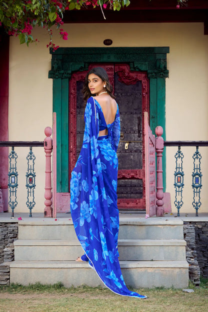 Blue Chiffon Saree With Floral Print & Pearl Lace Border