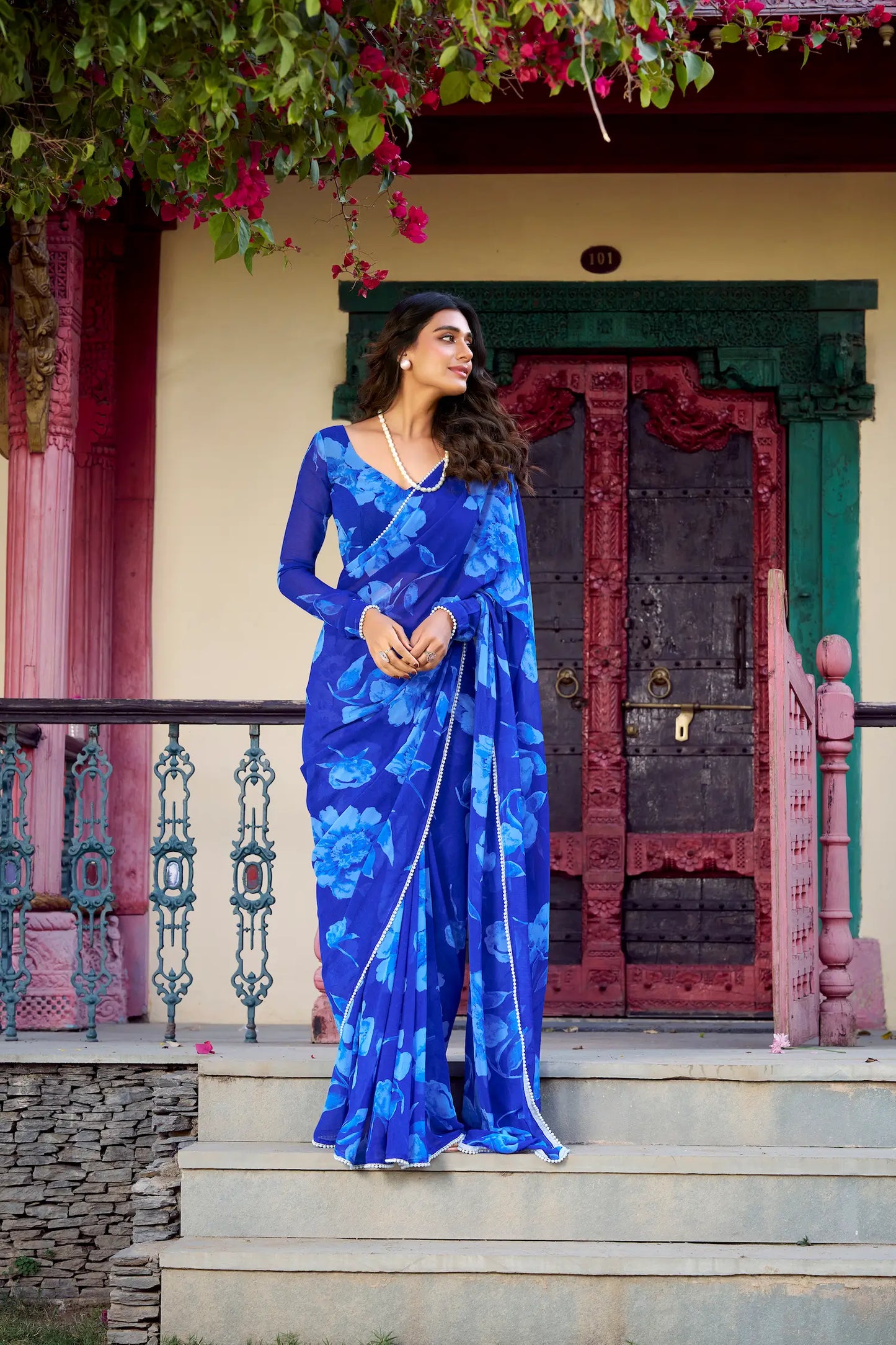Blue Chiffon Saree With Floral Print & Pearl Lace Border