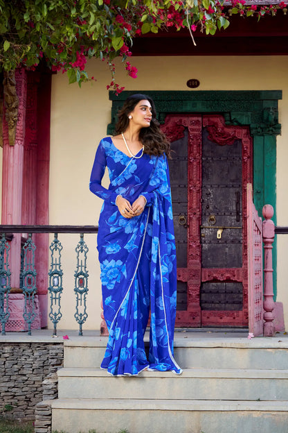 Blue Chiffon Saree With Floral Print & Pearl Lace Border