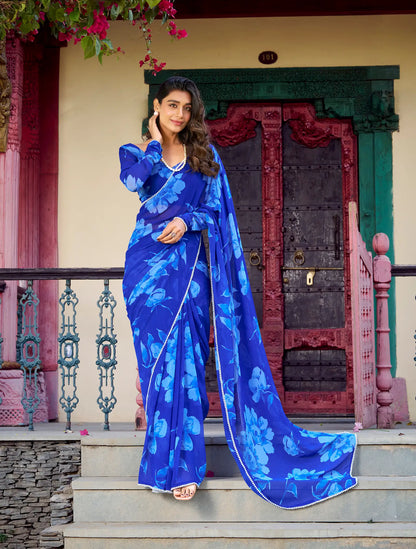 Blue Chiffon Saree With Floral Print & Pearl Lace Border