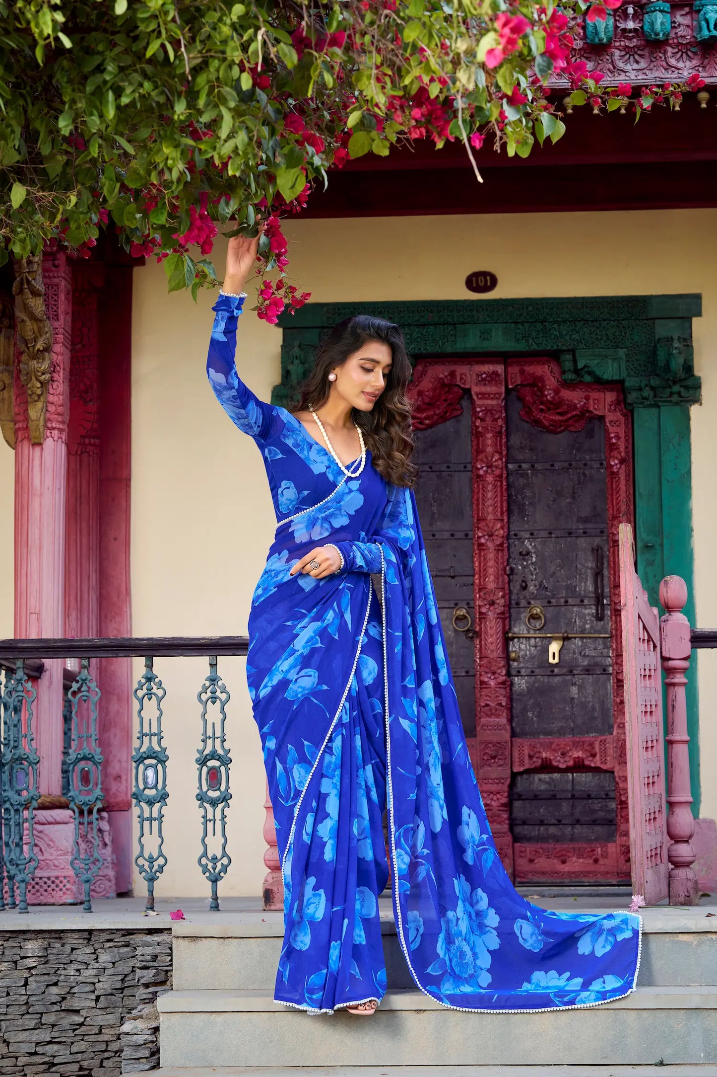 Blue Chiffon Saree With Floral Print & Pearl Lace Border
