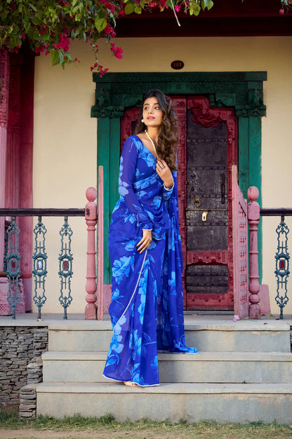 Blue Chiffon Saree With Floral Print & Pearl Lace Border