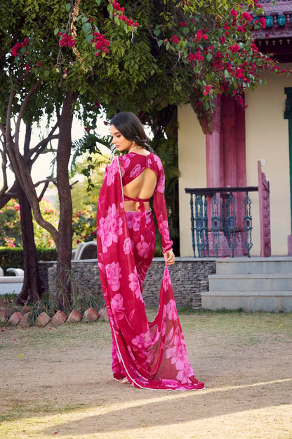 Pink Chiffon Saree With Floral Print & Pearl Lace Border
