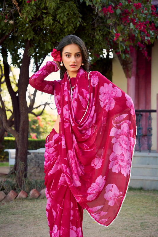 Pink Chiffon Saree With Floral Print & Pearl Lace Border