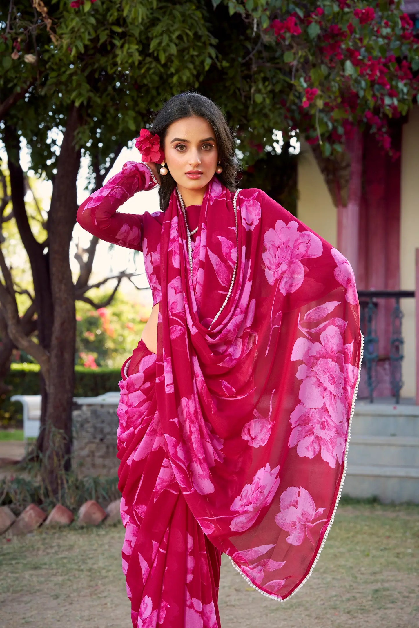 Pink Chiffon Saree With Floral Print & Pearl Lace Border