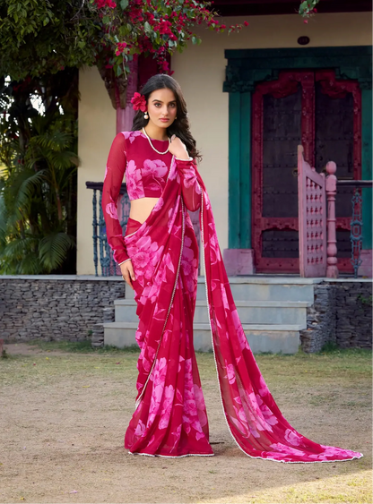Pink Chiffon Saree With Floral Print & Pearl Lace Border