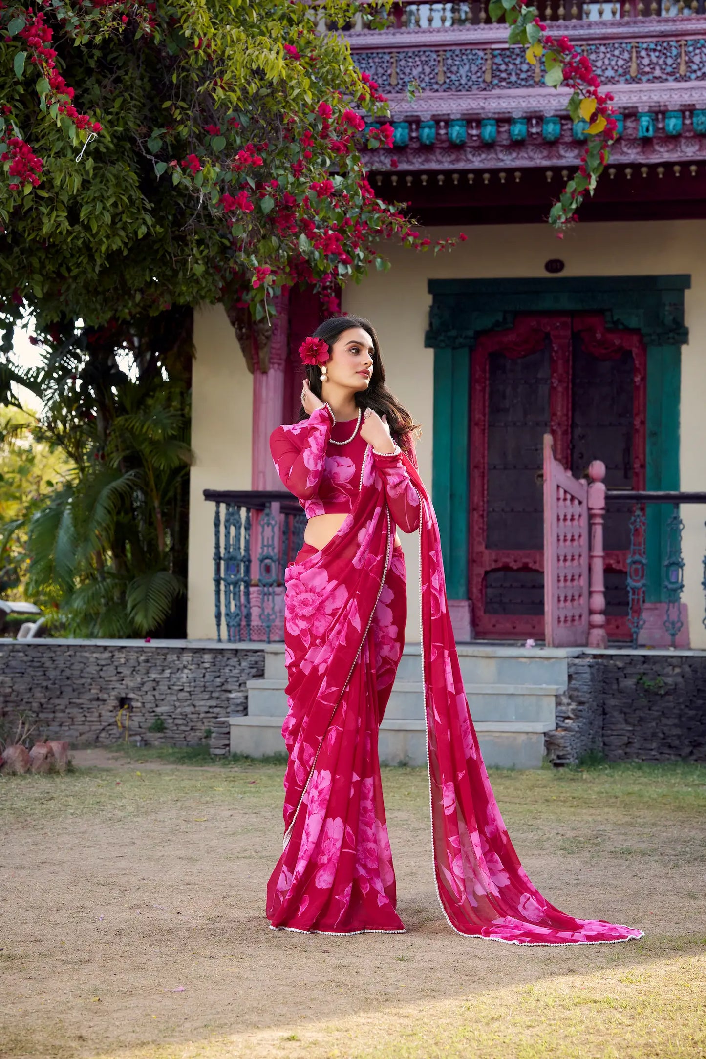 Pink Chiffon Saree With Floral Print & Pearl Lace Border