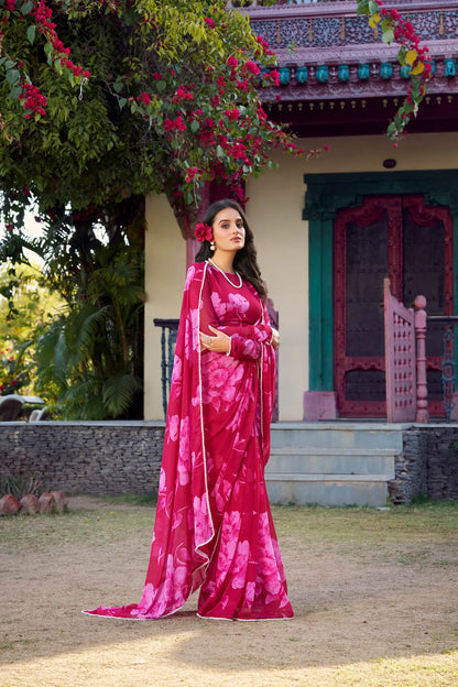 Pink Chiffon Saree With Floral Print & Pearl Lace Border