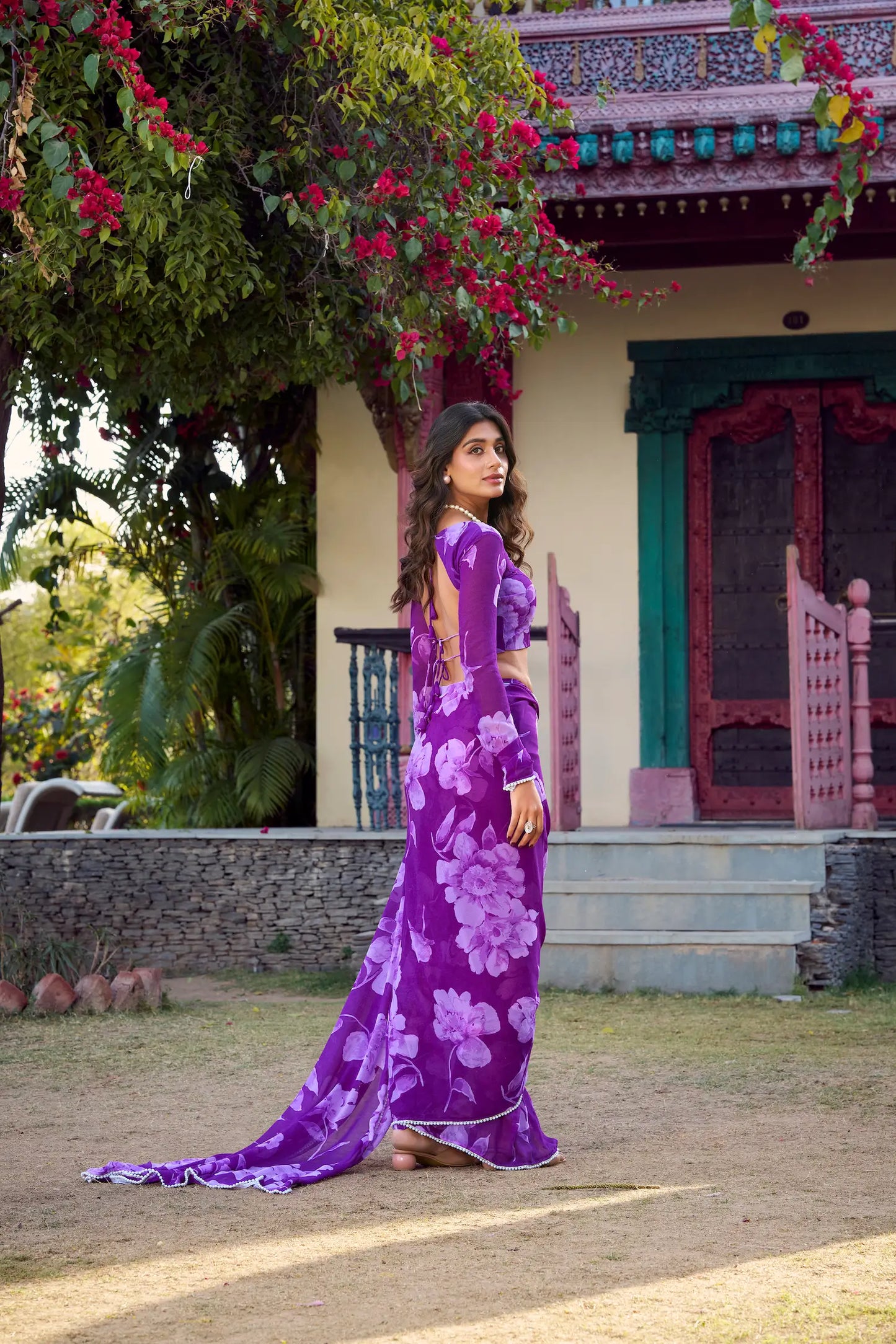 Purple Chiffon Saree With Floral Print & Pearl Lace Border