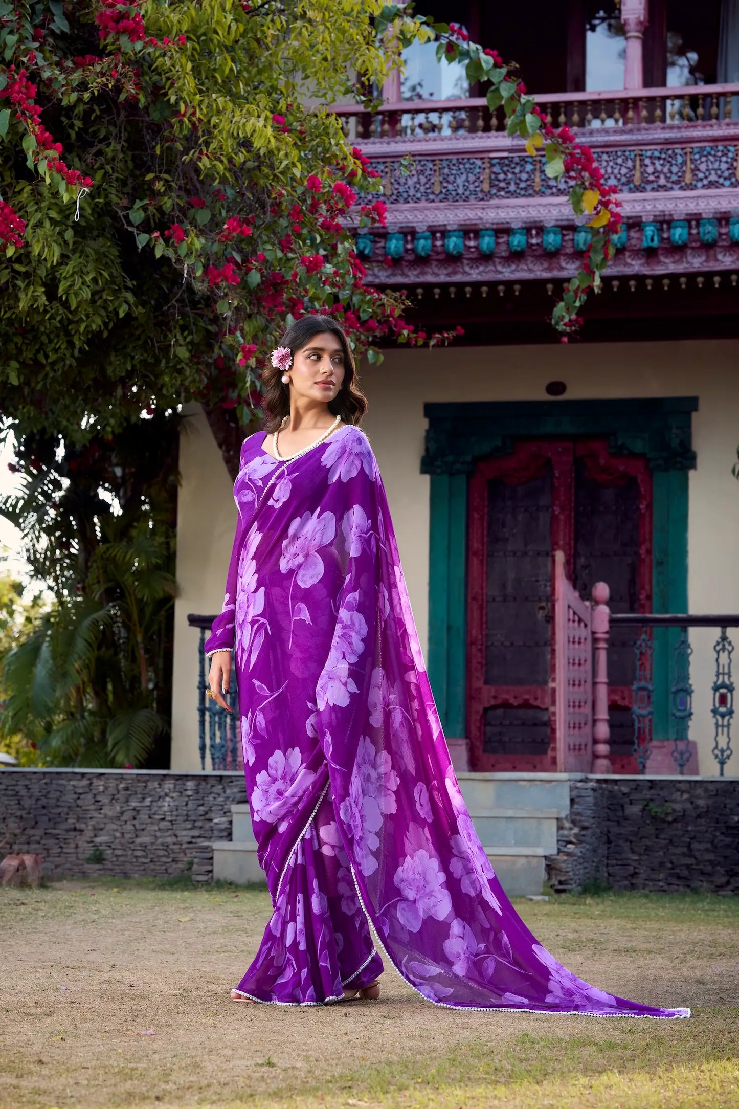 Purple Chiffon Saree With Floral Print & Pearl Lace Border