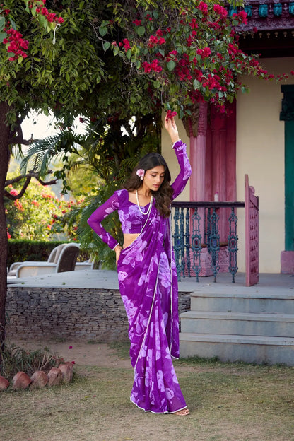 Purple Chiffon Saree With Floral Print & Pearl Lace Border
