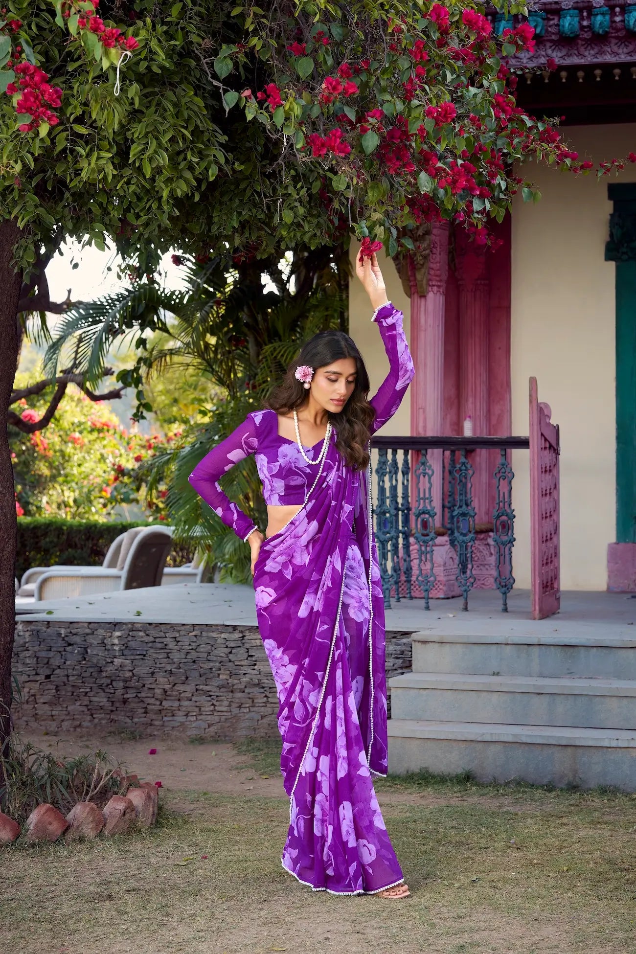 Purple Chiffon Saree With Floral Print & Pearl Lace Border