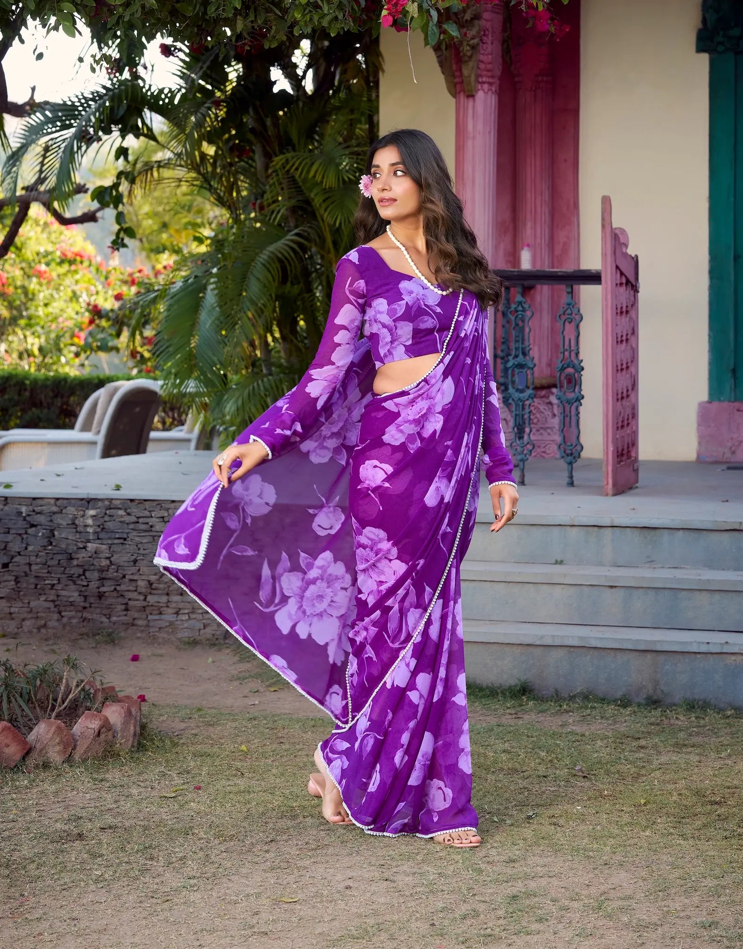Purple Chiffon Saree With Floral Print & Pearl Lace Border