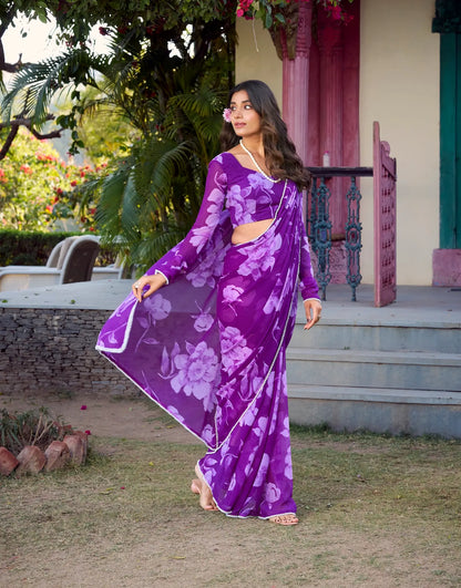 Purple Chiffon Saree With Floral Print & Pearl Lace Border