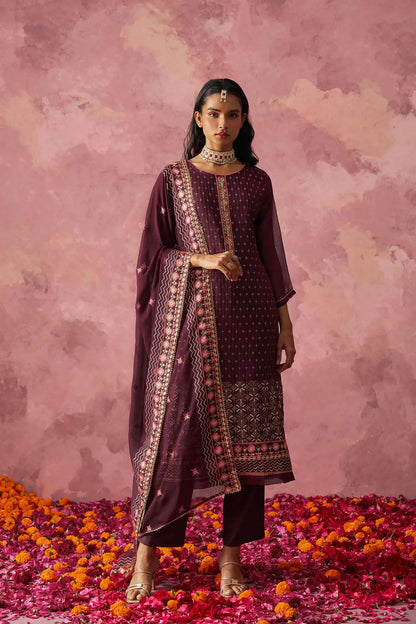 Wine Straight Fancy Embroidery Work Kurta Set With Dupatta