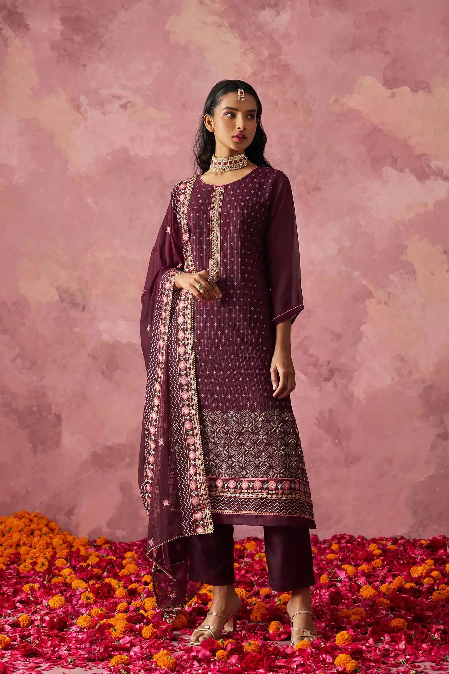 Wine Straight Fancy Embroidery Work Kurta Set With Dupatta
