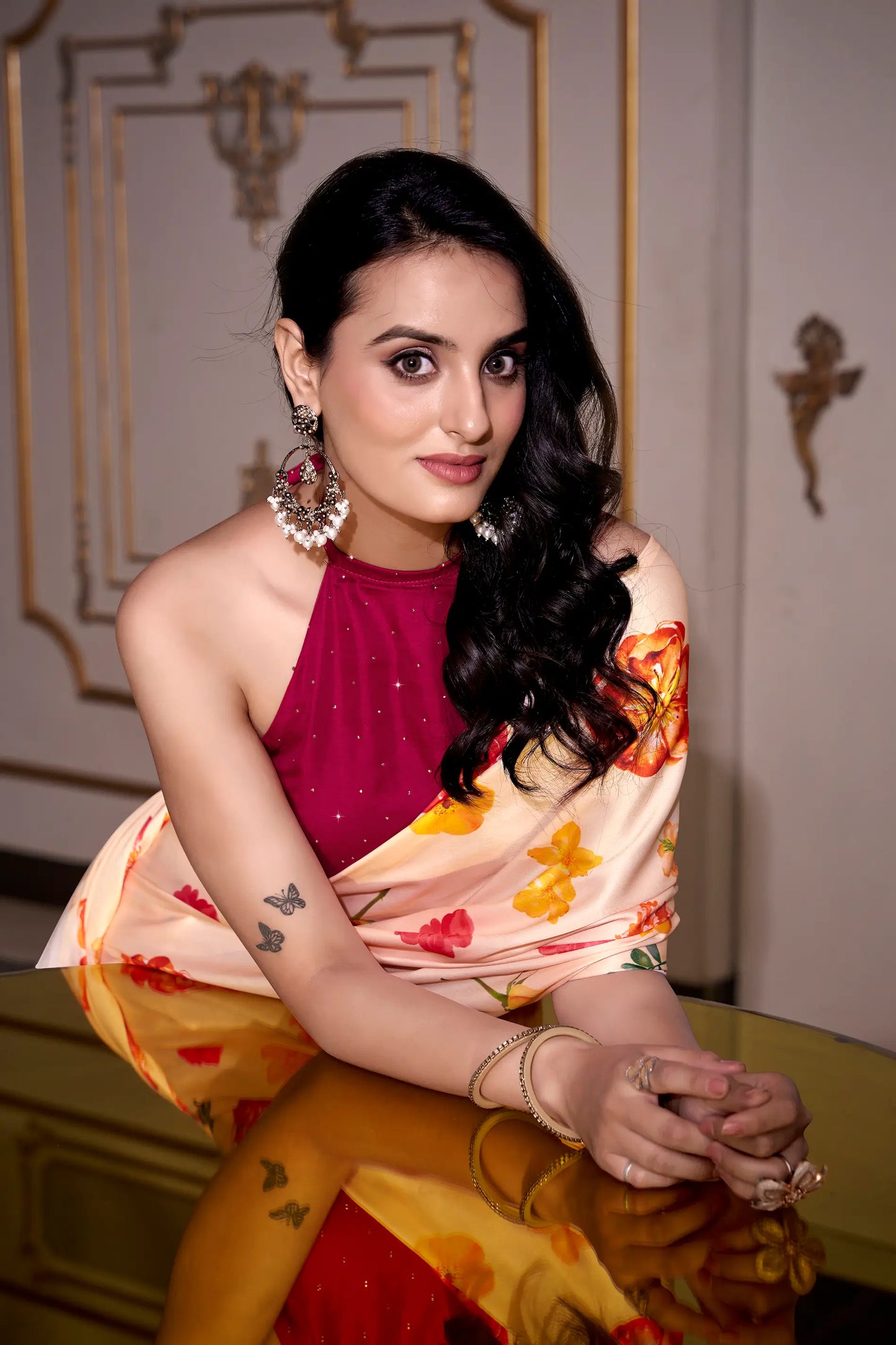 Beige Satin Silk Floral Printed Saree