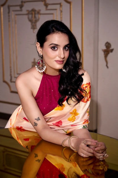 Beige Satin Silk Floral Printed Saree