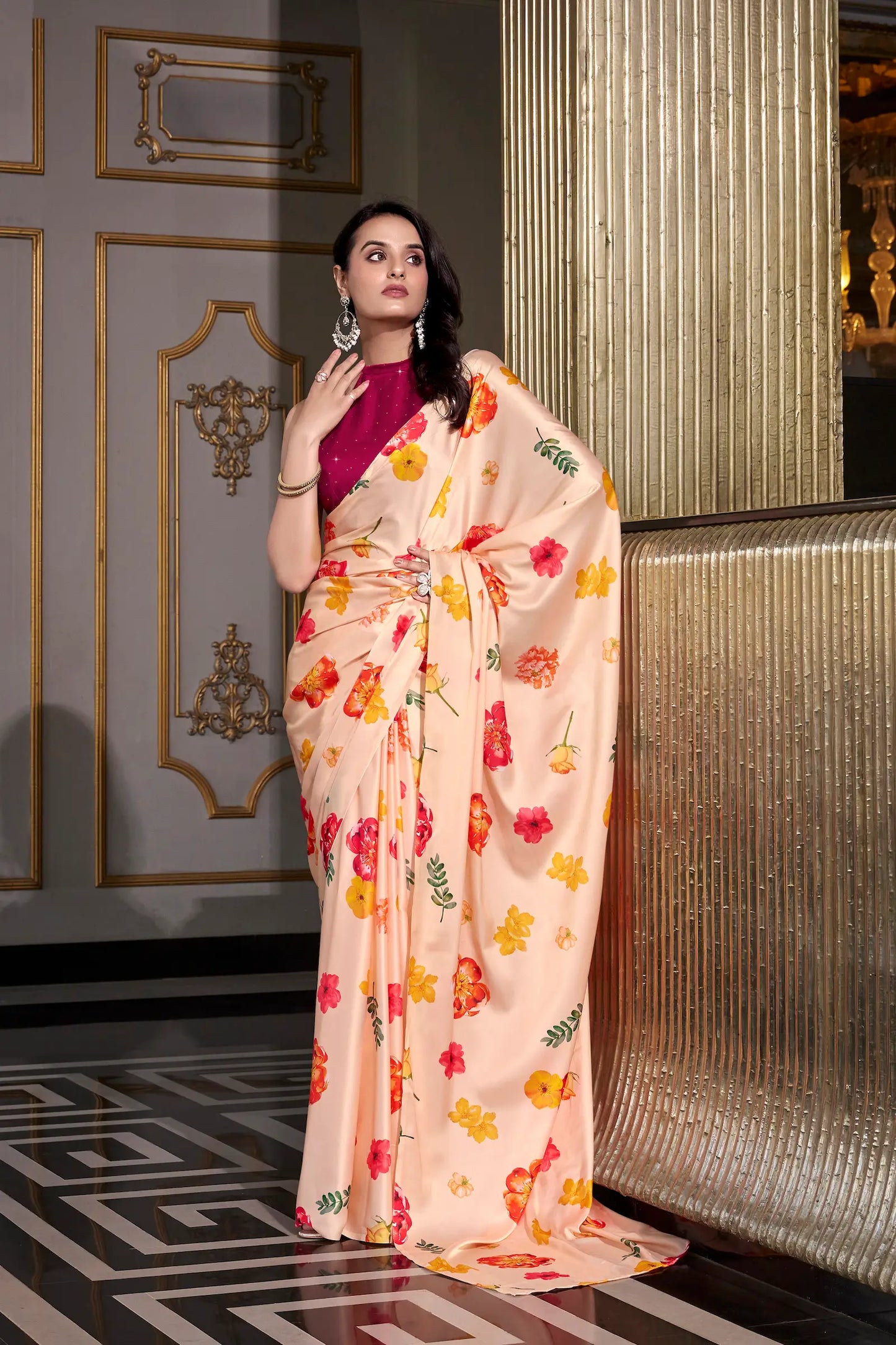 Beige Satin Silk Floral Printed Saree