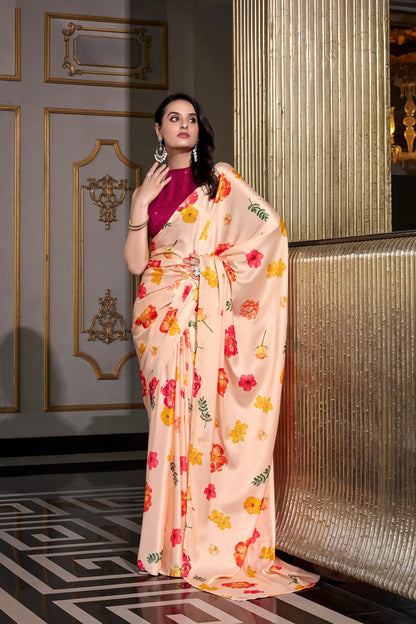 Beige Satin Silk Floral Printed Saree