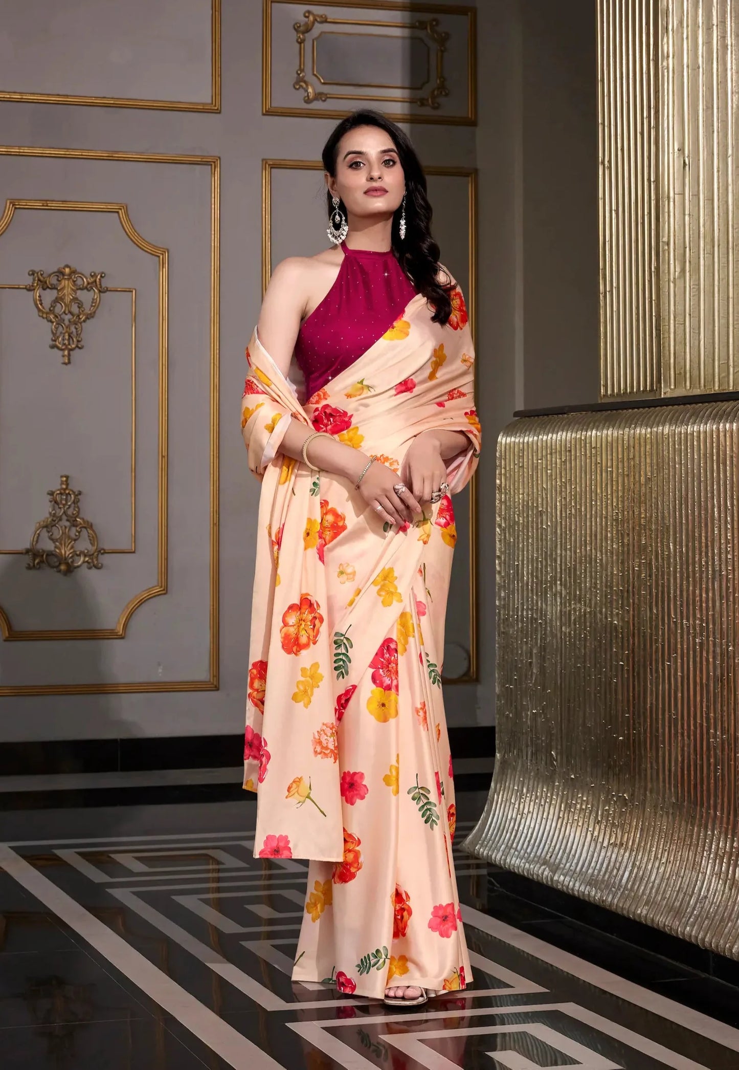 Beige Satin Silk Floral Printed Saree