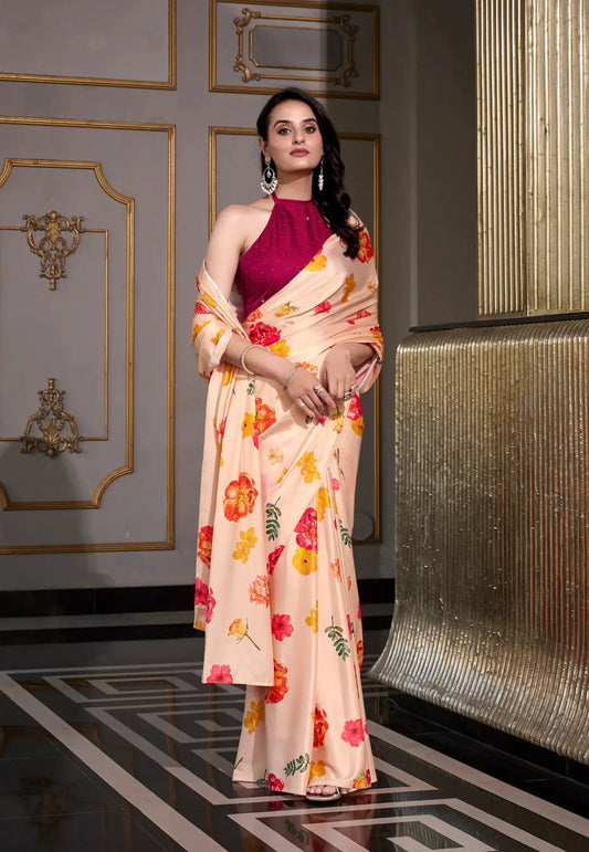 Beige Satin Silk Floral Printed Saree