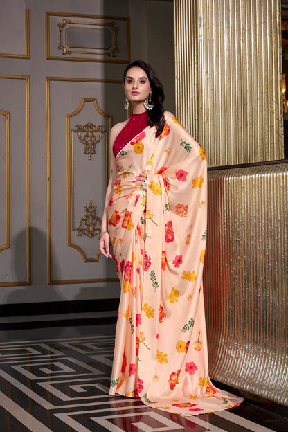 Beige Satin Silk Floral Printed Saree