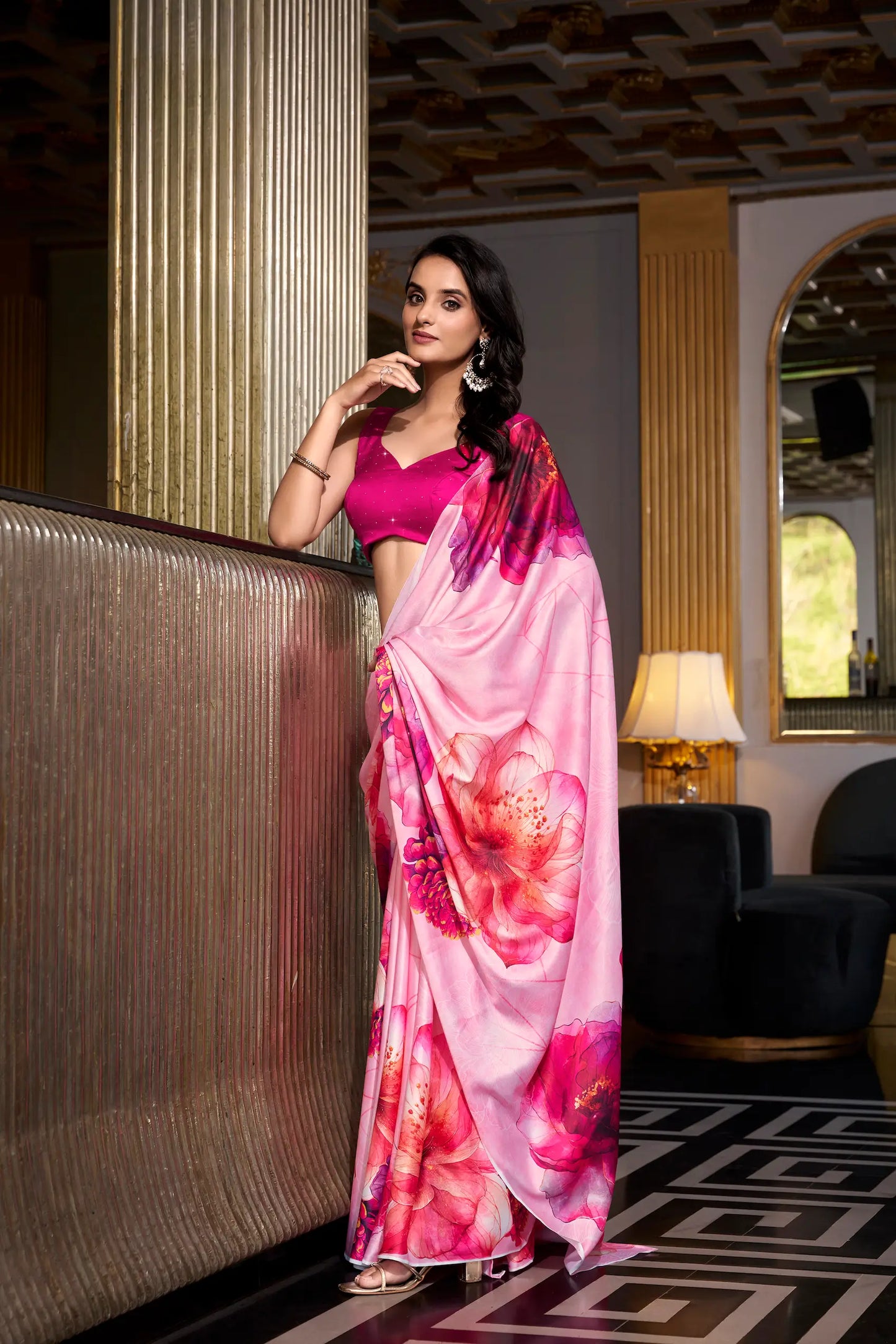 Pink Satin Silk Floral Printed Saree
