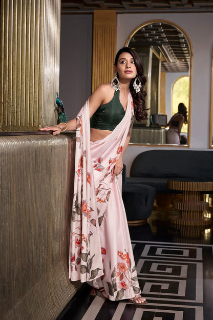 Off White Satin Silk Floral Printed Saree