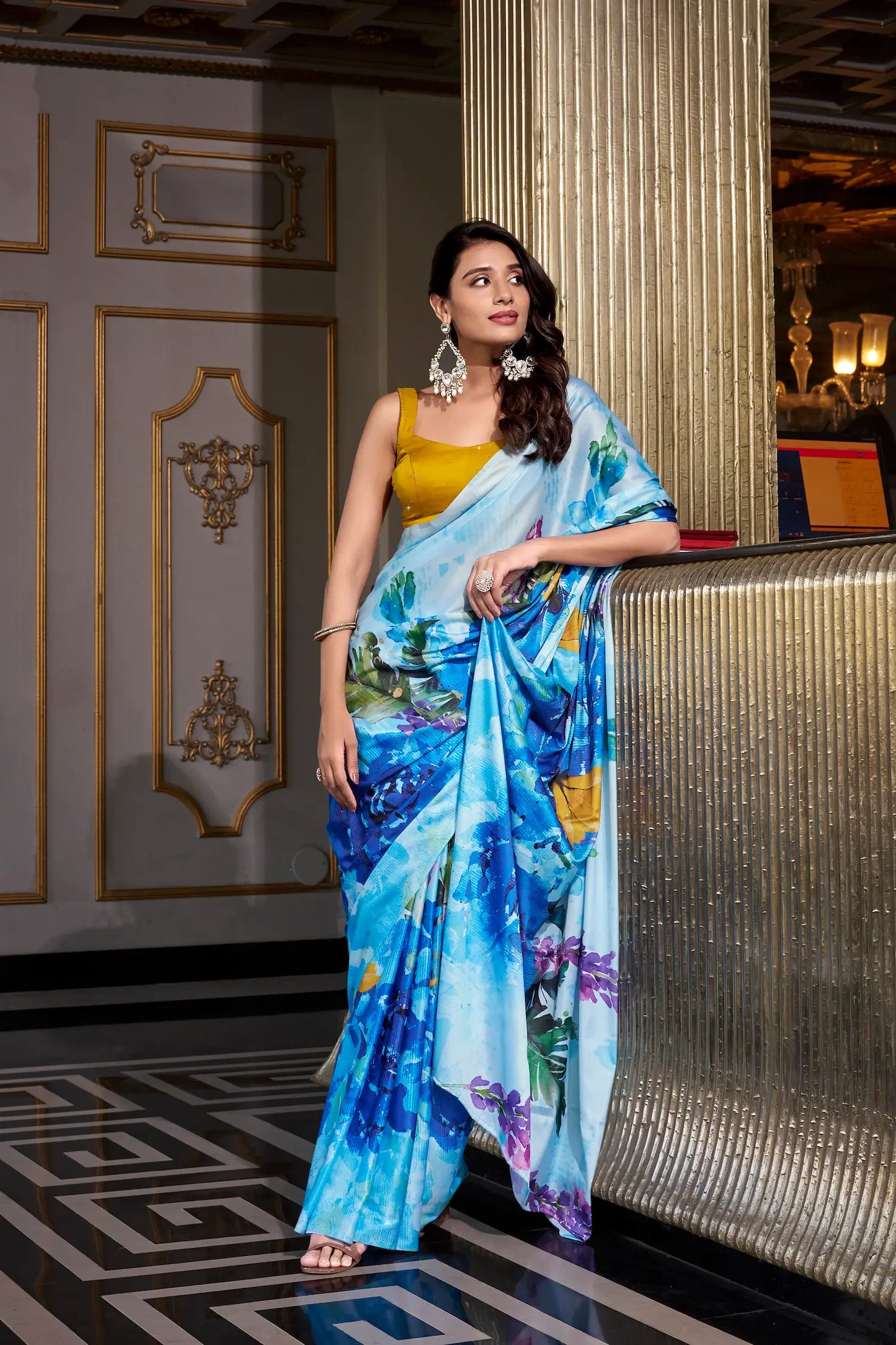 Blue Satin Silk Floral Printed Saree