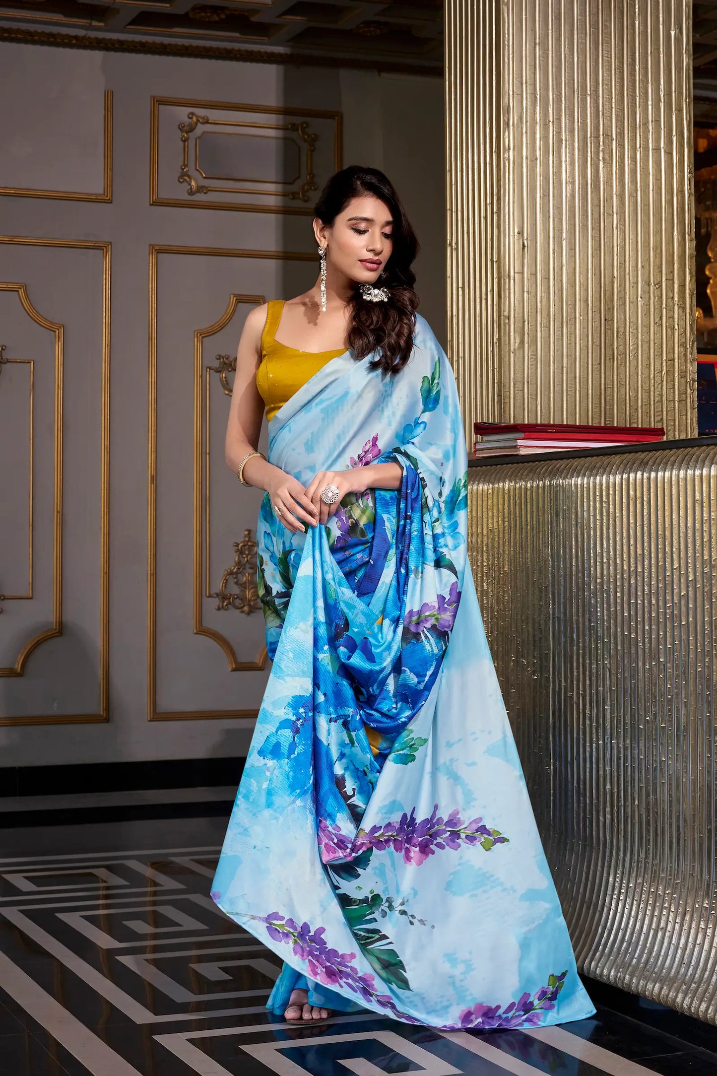 Blue Satin Silk Floral Printed Saree