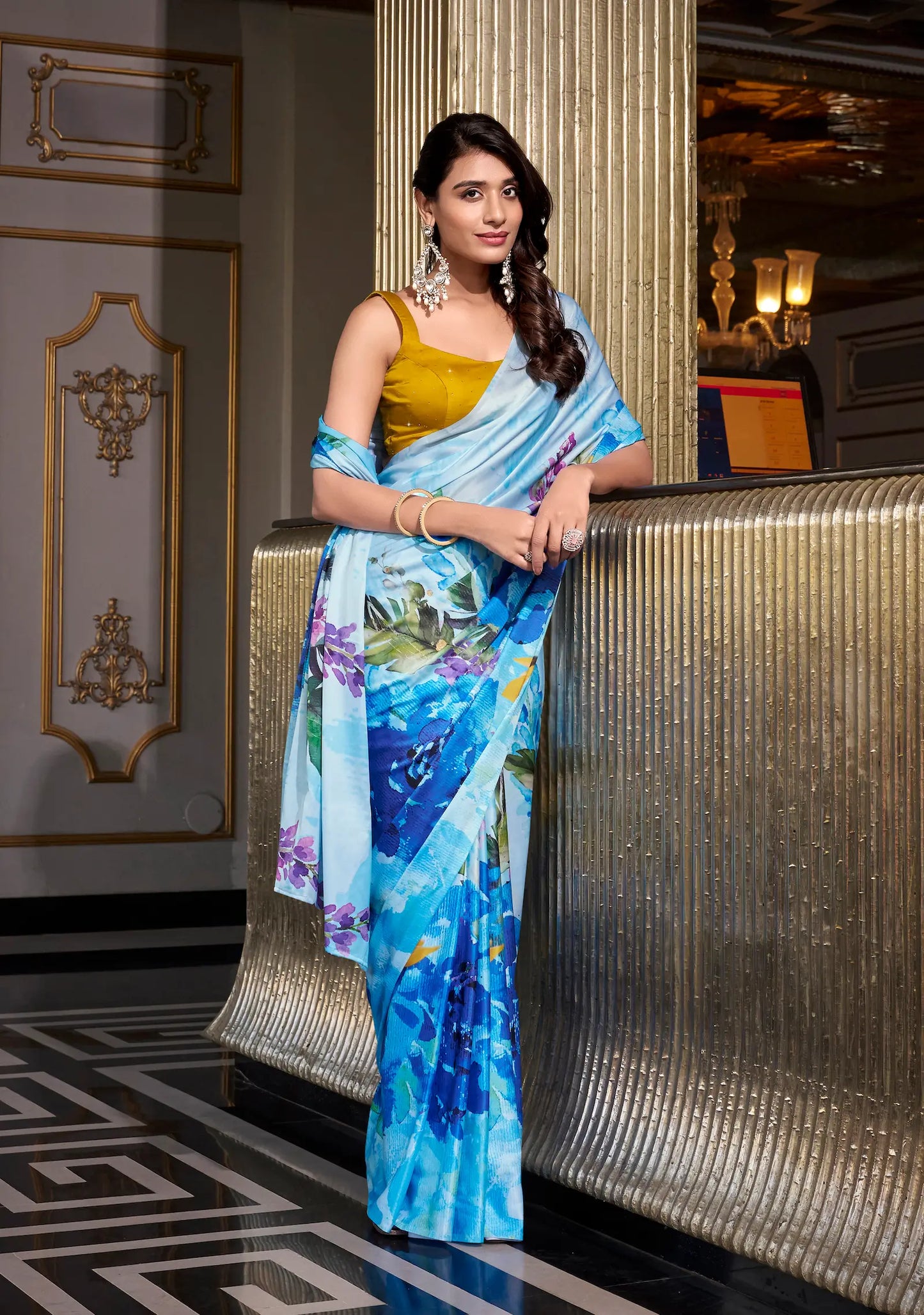 Blue Satin Silk Floral Printed Saree