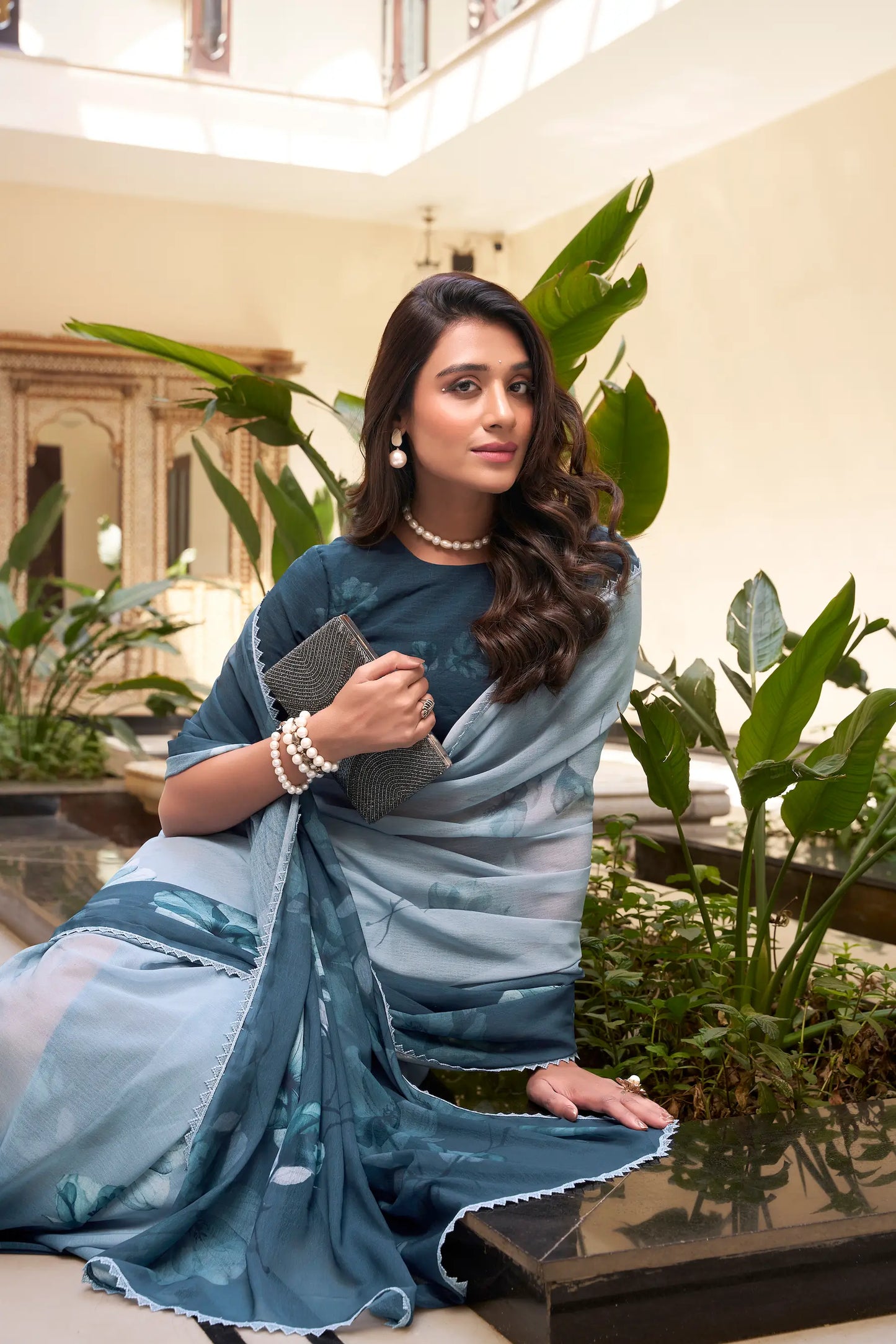 Teal Blue Weightless Marbal Saree With Floral Print & Lace Border
