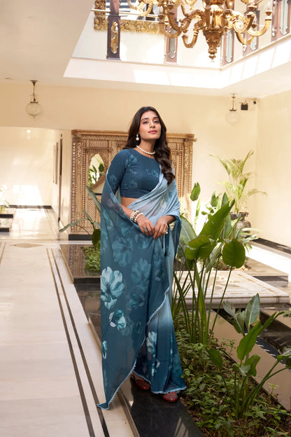 Teal Blue Weightless Marbal Saree With Floral Print & Lace Border