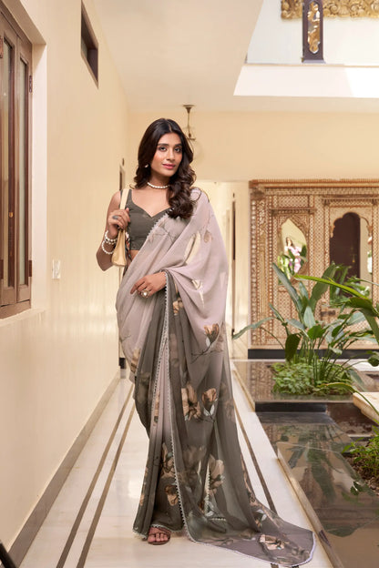 Brown Weightless Marbal Saree With Floral Print & Lace Border